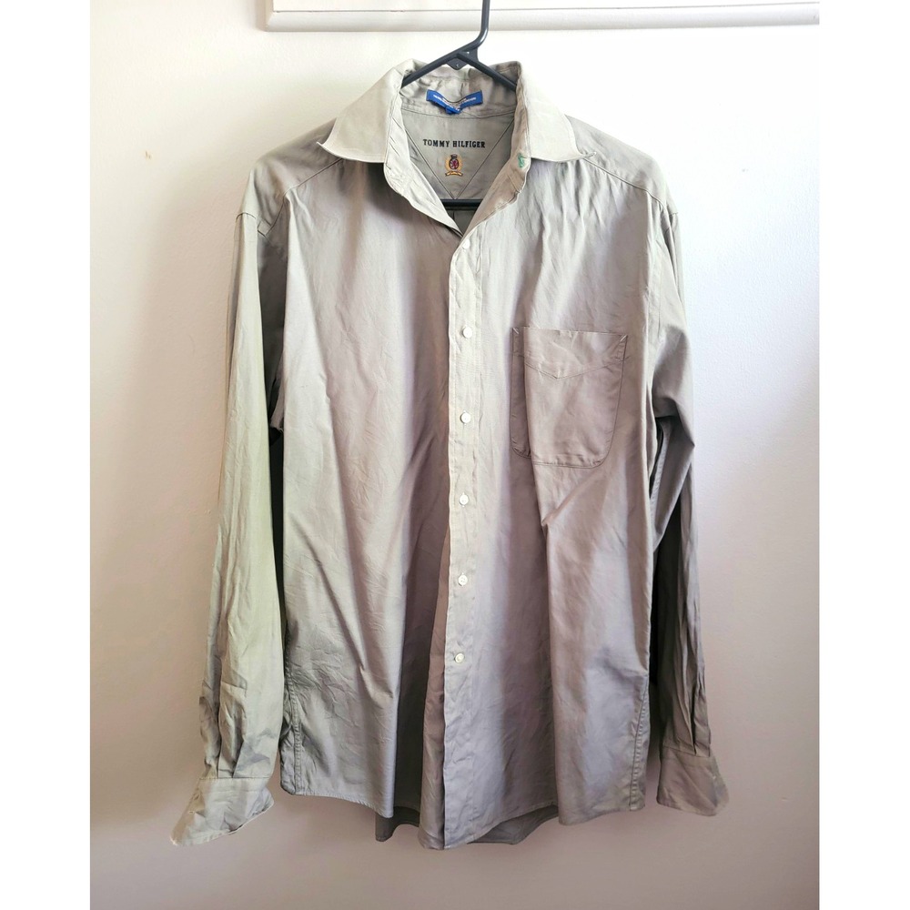 Tommy Hilfiger Men's 15 34 35 Olive L/S Cotton Point Button Up Vintage 90s EUC